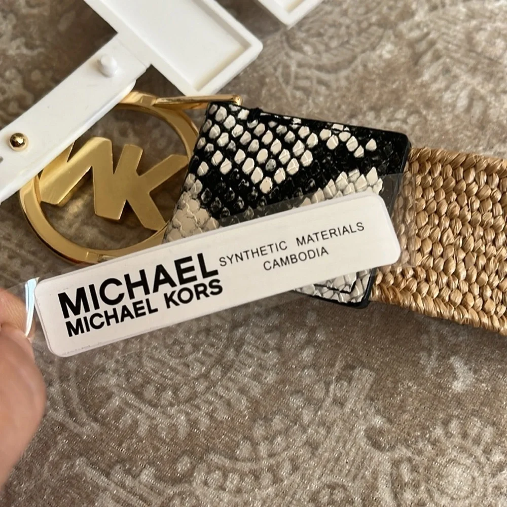 Brand New Michael Kors Black & White Snakeskin Woven Stretch Belt Gold Tone Logo